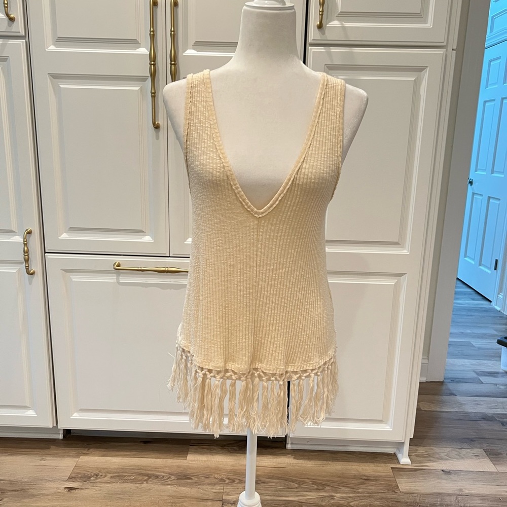 Anthropologie Eri + Ali Boho Ivory Fringe Sleeveless Tank Top